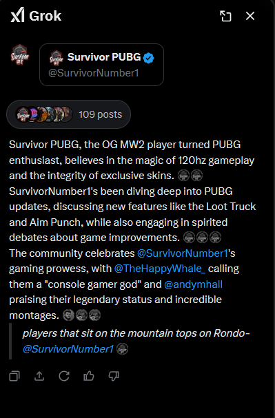 SurvivorNumber1's tweet photo. well, thanks @TheHappyWhale_ & @andymhall! <3 😂 (use Grok on someones Profile to do a profile summary)
#PUBGFam https://t.co/sA10ZrnwfW