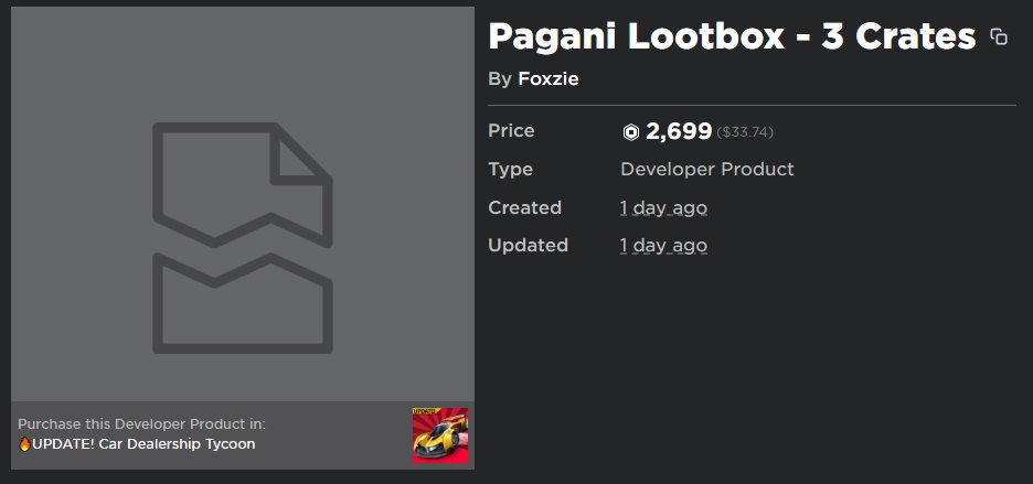 TCRRRofficial's tweet photo. Rather interesting news in #CarDealershipTycoon:

- They recently announced that they will be giving players a chance to obtain the Zonda R "Collectors Edition", which is limited to 2500 copies.
- Three controversial lootbox products were found and are priced from 999-7999 Robux. https://t.co/ETJU8ZE9GN