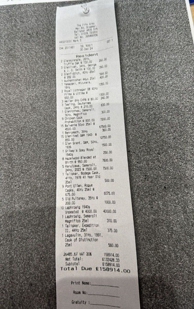 Anybody who thinks the world isn’t messed up should take a look at this bill for a range of eye-wateringly expensive whiskeys, purchased at the Fife Arms in Braemar on the night before Hogmanay. Wonder what they bought to usher in the New Year! Thanks to ⁦<a href="/Ian_Fraser/">Ian Fraser</a>⁩