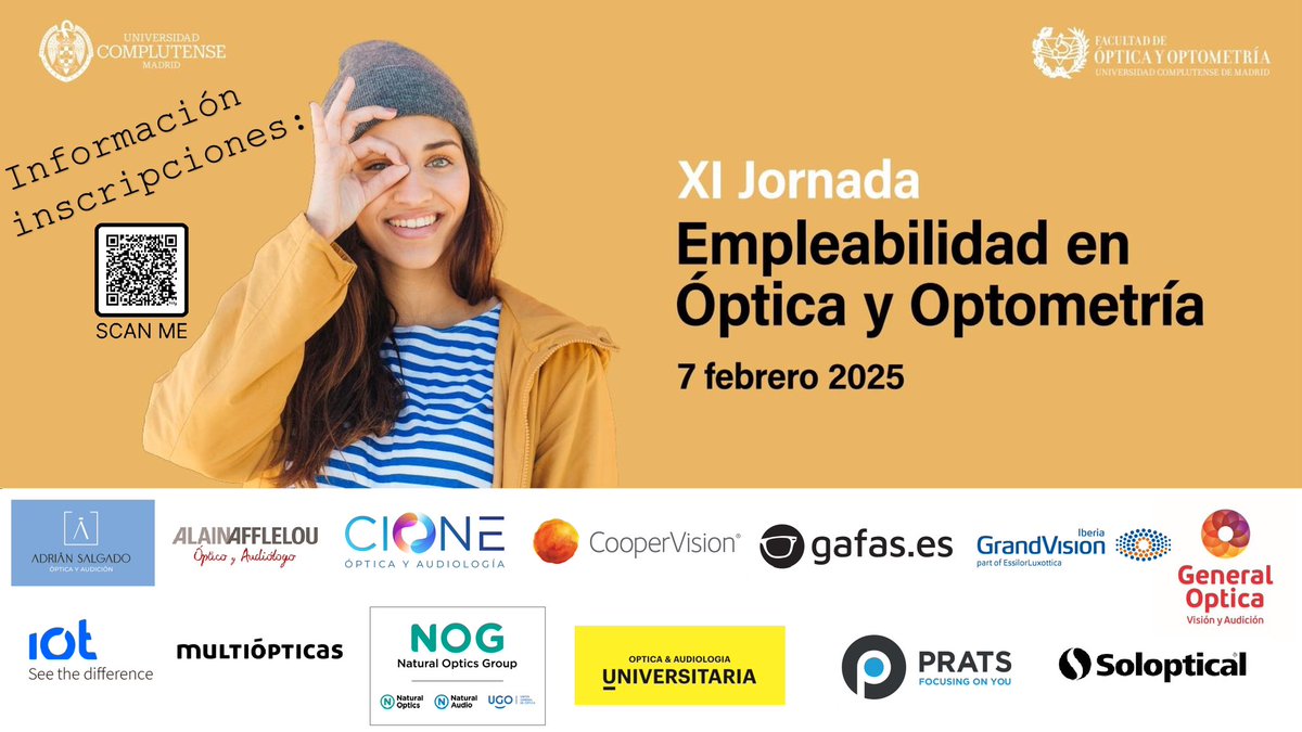 optica_ucm's tweet image. 📢 ¡Prepárate para la XI Jornada de Empleabilidad en Óptica y Optometría! 👓✨
🗓 7 de febrero de 2025 | 📍 UCM
💼 Conecta con empresas líderes del sector y descubre nuevas oportunidades profesionales.

👉 Más info e inscripciones ⬇️
#Óptica #Optometría #Networking