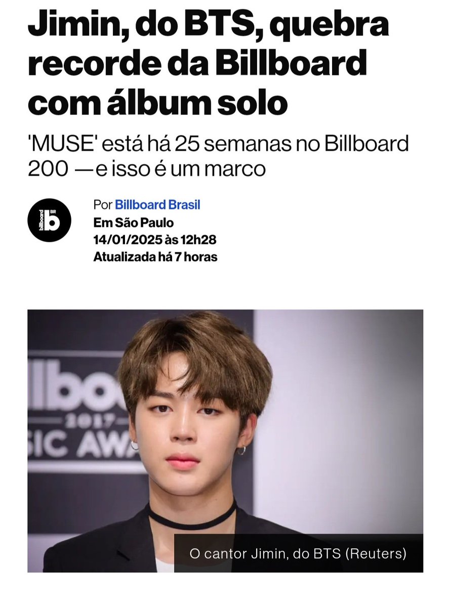 PJiminSupportBR's tweet photo. 📊Artigo da Billboard Brasil sobre o Jimin

"O cantor sul-coreano Jimin, integrante do BTS, está fazendo história na Billboard com MUSE, seu segundo álbum solo.

O álbum completa agora 25 semanas na parada que computa os álbuns mais escutados. 

Com essa conquista, ele se torna o primeiro solista coreano a colocar um álbum na parada por 25 semanas consecutivas na Billboard 200."

https://t.co/HgHInQXARq