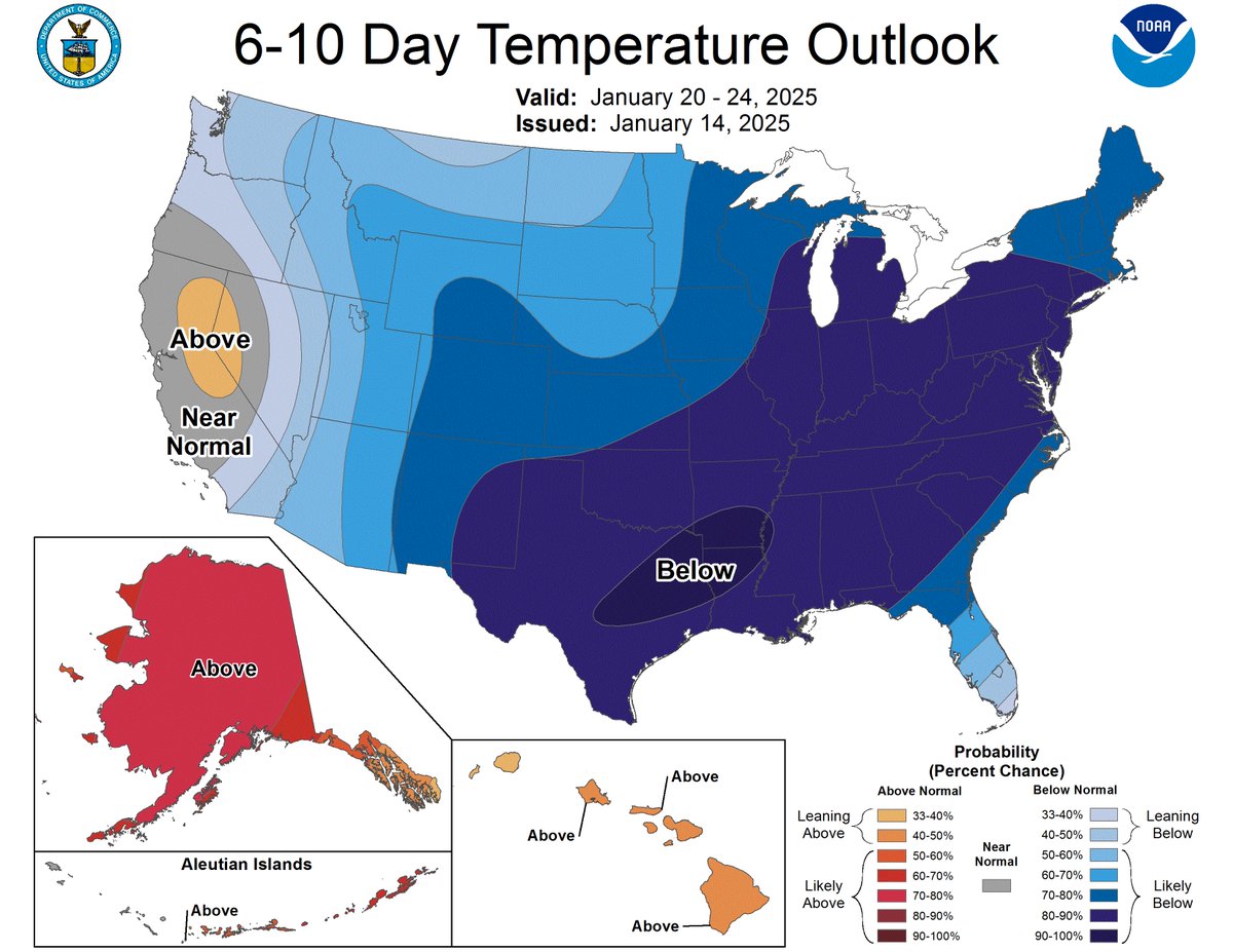 NWSSanAntonio's tweet photo. No surprise here, but the latest 6-10 day temperature outlook now calls for a 90-100% chance for below normal temperatures across our region of south-central Texas. This will include hard freezes, and a risk of long duration freezes. https://t.co/7tFHAmuFVY