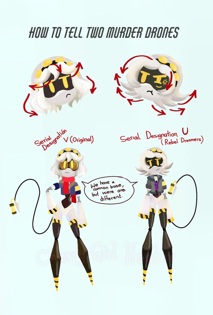 Cherrygirlhnter's tweet photo. Sorry for the absence, I took the holidays seriously😅, the idea was born when I saw people confusing the characters😳, I thought it was funny, by the way a great year full of projects😉...
Enjoy it🤗 #MurderDrones #murderdronesAU #SerialDesignationV #SerialDesignationU https://t.co/QoV69IZ79k