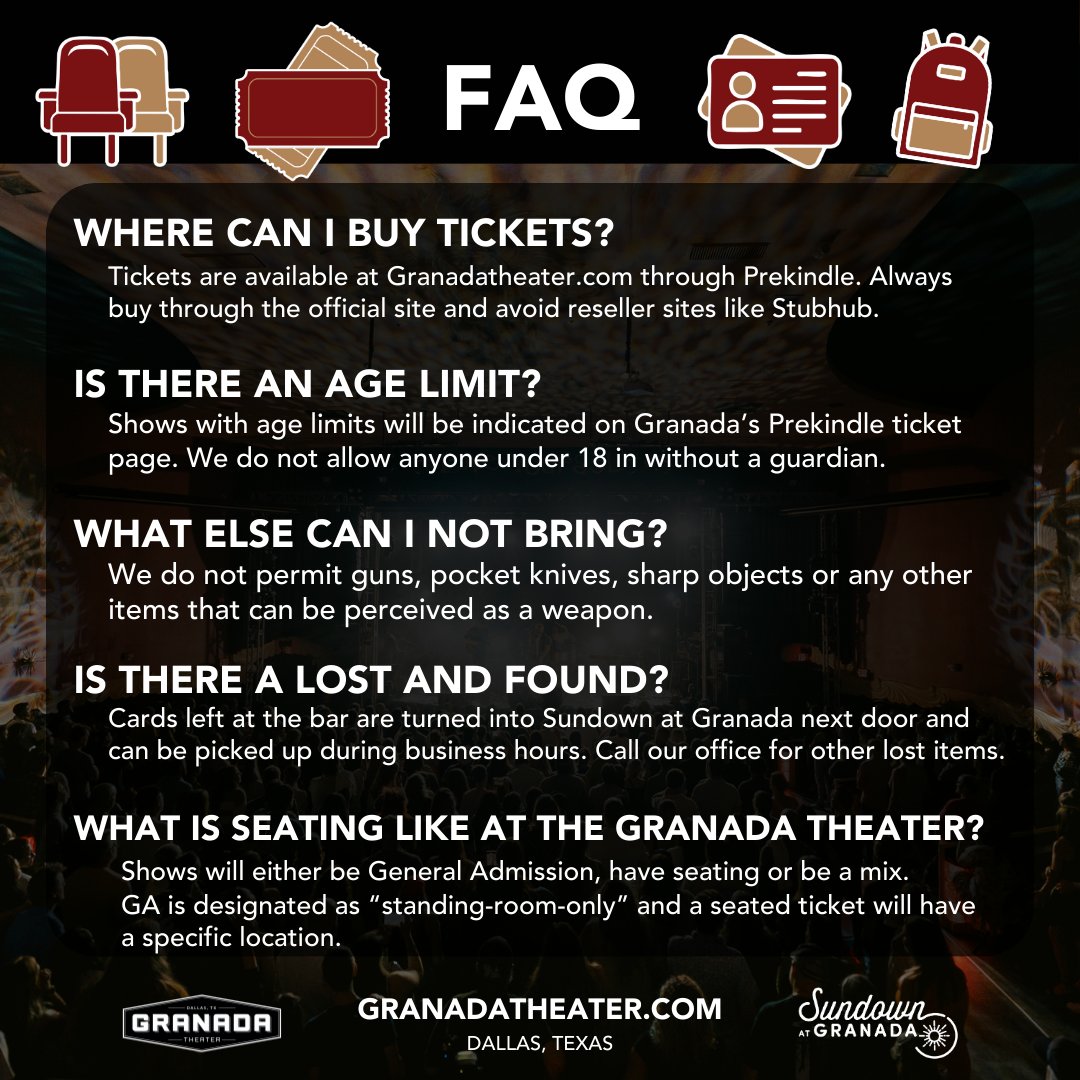 granadatheater's tweet photo. 🎸Ready to catch a show with us in Dallas?
Check out our updated FAQ for shows at Granada Theater and @sundowndfw!

For a full FAQ, visit https://t.co/1TrOho70OH https://t.co/vGyqSyskPS
