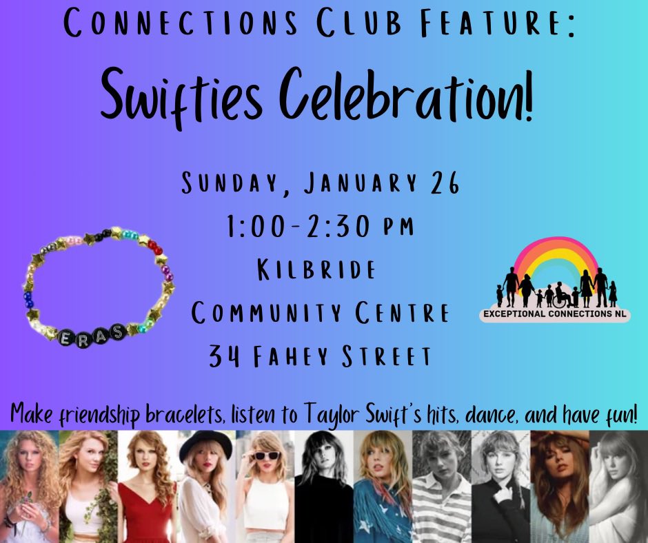 Calling all Swifties! Our next Connections CLUB will feature Friendship Bracelet Making and we’ll listen to our favourite Taylor Swift hits!

This is a free, inclusive event tailored to the neurodiverse and disability community with their friends and families. 

See you there!