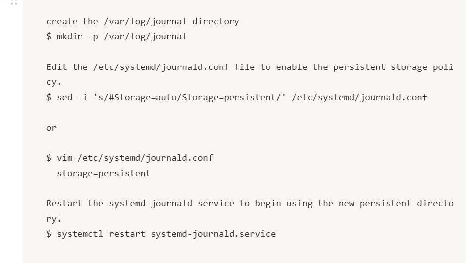 sp4rtan300's tweet photo. working through #RH342 tonight. Most of the stuff was covered in RHCSA
setting up persistence storage for systemd journald https://t.co/jTz5QC7yJP