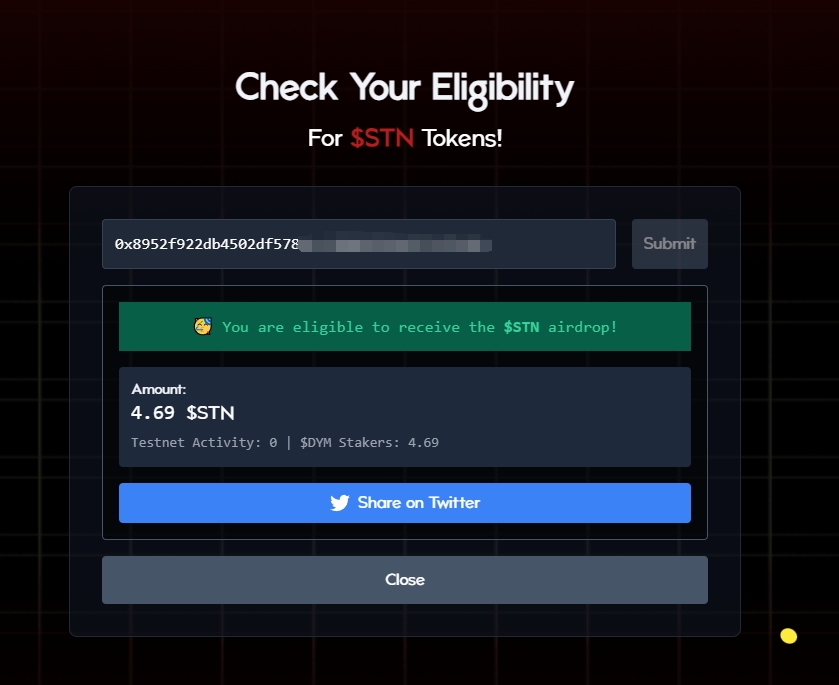 质押了 $DYM 兄弟可以去查 $STN 空投！
只需输入钱包地址即可，不用授权签名，传送门claims.sirath.network 质押就给4.69枚，项目推特 <a href="/SirathNetwork/">Sirath Network</a>