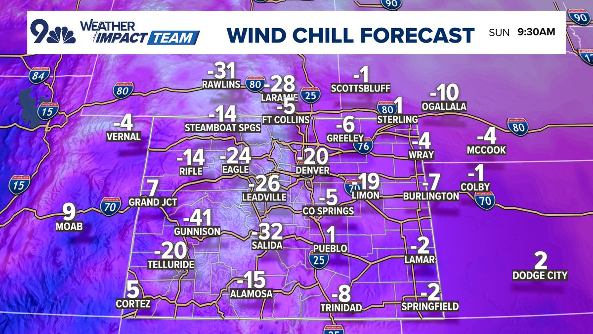 BianchiWeather's tweet photo. -20° or lower wind chills possible in Denver for ~48 straight hours from Sunday morning through Tuesday morning.

#COwx https://t.co/AIDF9KqpZl