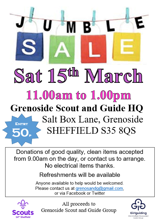 GrenoScoutGuide's tweet photo. Our next JUMBLE SALE is on Saturday 15th March - 11am to 1pm.  Loads of great bargains to be had.  Refreshments will be available.  Please let us know if you have any jumble to donate and we can arrange a drop off time. #jumblesale https://t.co/xR0YTg3lTJ