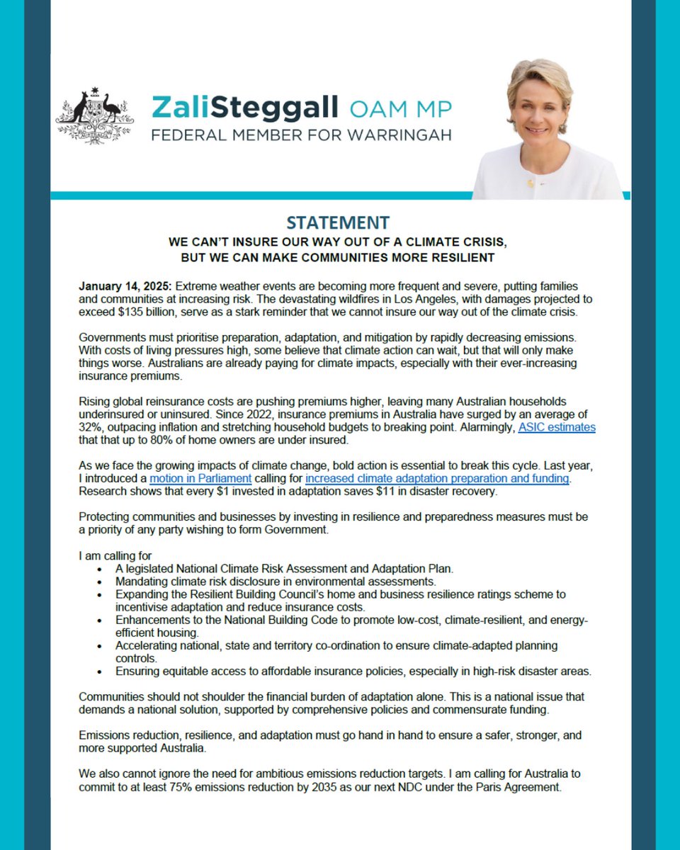 We can’t insure our way out of the climate crisis, but we can make communities more resilient. I'm calling on the government to protect communities and businesses by investing in resilience and preparedness measures. 

Visit by website to read my full statement.

#SmartSolutions