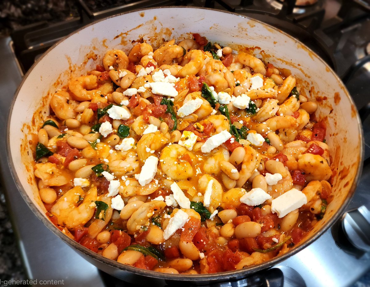 Tuscan Shrimp with cannellini beans, diced tomatoes, shallot, sliced garlic, spinach, arugula, red pepper flakes, Italian spices, salt &amp; pepper, and feta. Served with crunchy baguette.