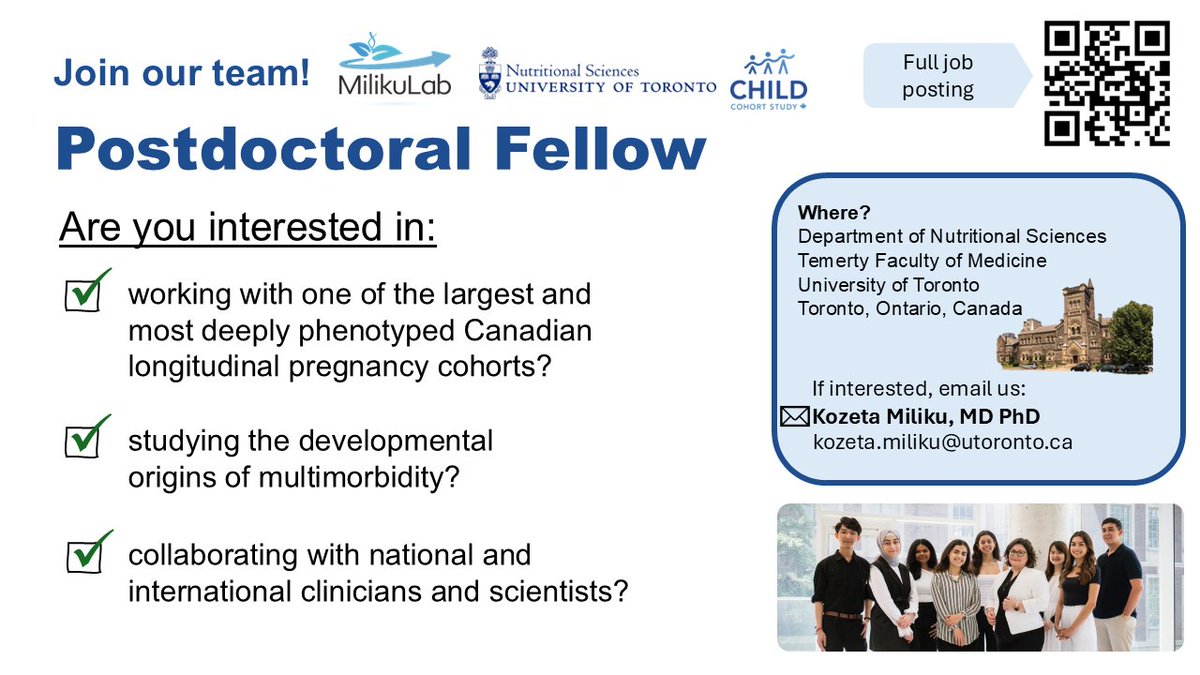 KozetaMiliku's tweet photo. π¨ We're hiring a Postdoctoral Fellow!
π Dept. of Nutritional Sciences, U of T
π¬ Research: Developmental origins of multimorbidity in Canadian children
π‘ PhD degree, nutrition, epi & stats skills required
π Details: https://t.co/bdOE7mKS89
#DOHaD #Postdoc #Hiring https://t.co/6r4miiQlJS