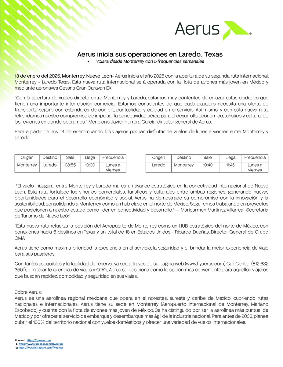 El día de ayer, Aerus dio comienzo el año 2025 con la apertura de su segunda ruta internacional, Monterrey - Laredo, Texas. 🙌 
Esta nueva ruta internacional será operada con la flota de aviones más joven en México y mediante aeronaves Cessna Gran Caravan EX 🛩️