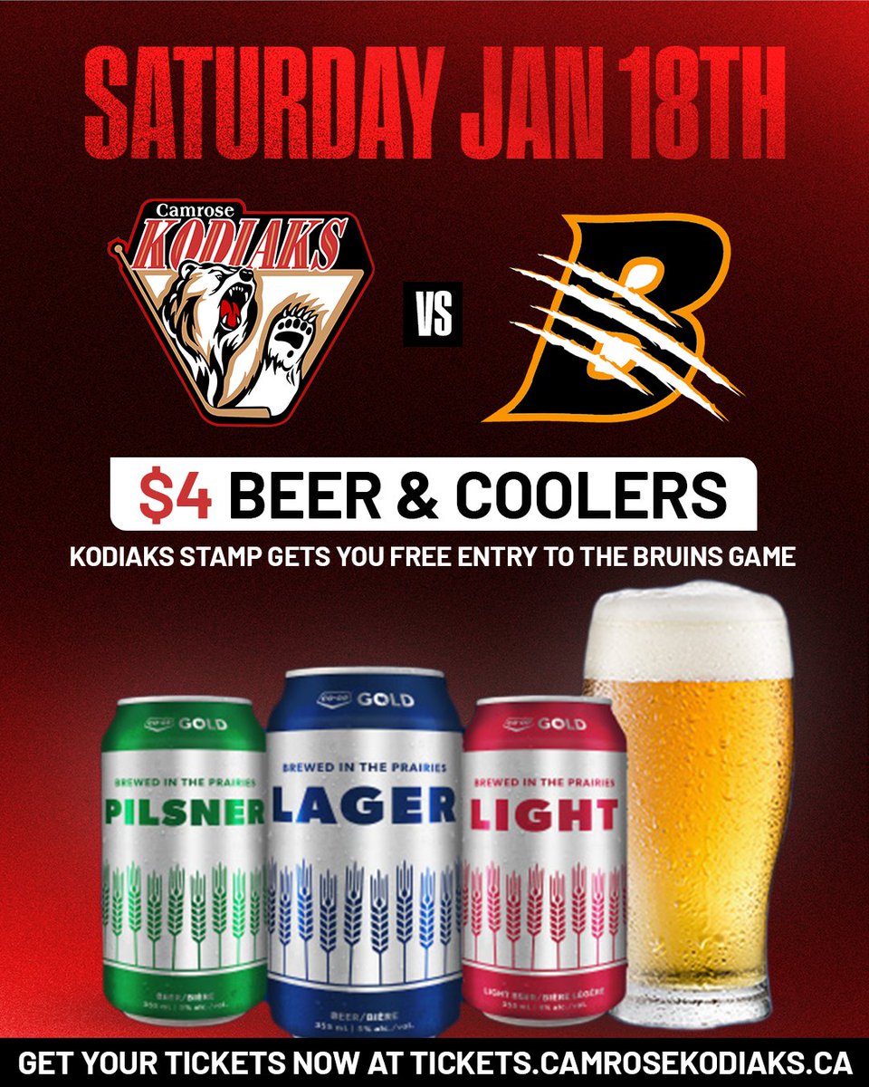 🎉 Game Day Just Got Better! 🎉

Beers and coolers for just $4 all game long. Watch your Camrose Kodiaks take on the Lloydminster Bobcats at 6 PM and keep the action going with FREE entry to the Bruins game right after at 8 PM!

🎟️ Grab your tickets now: tickets.camrosekodiaks.ca/events/32582-l…