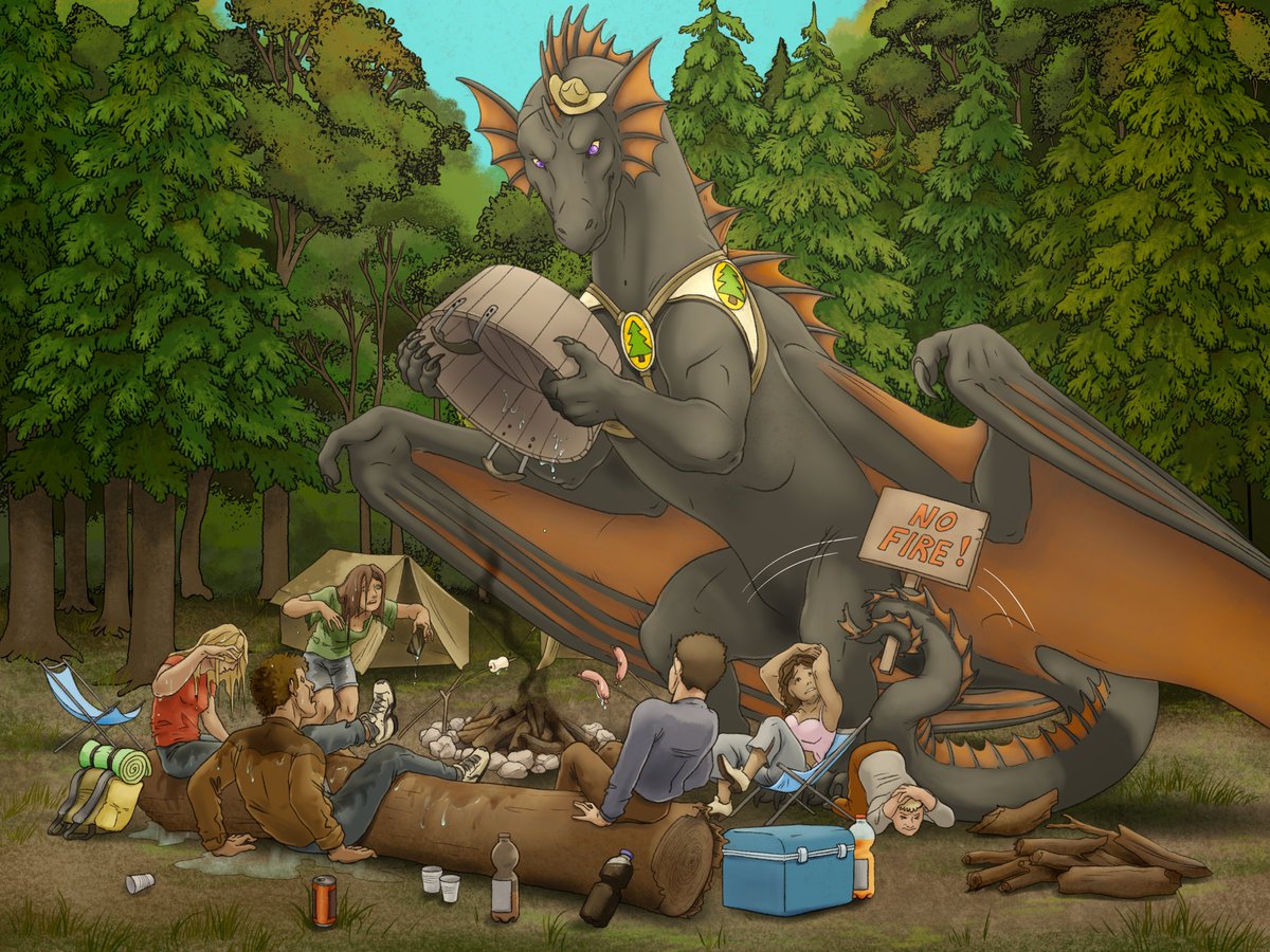 When a dragon is a forest ranger you better heed all the rules otherwise you'll face a ton of angry muscle and just try to argue with that :P
Bet the wild teenagers didn't play with fire anymore 

Commission for Wallnut45

#dragon #commission #art