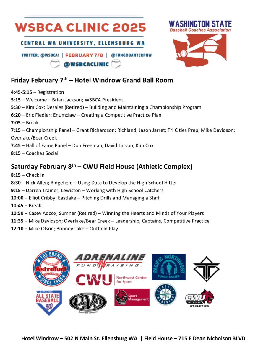 WSBCAClinic's tweet photo. WSBCA Clinic speaker lineup!!! Can’t wait for Feb 7th and 8th here in Ellensburg! If you haven’t gotten signed up yet do so now! Hotel rooms are going fast as well. Click below for both sign up and hotel info! 

https://t.co/7uJDdadNhP https://t.co/q85kSoMZoG