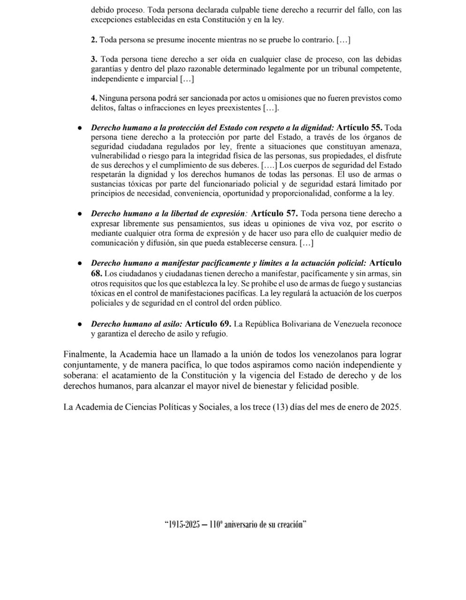 ForoCivicoVzla's tweet photo. La Academia de Ciencias Sociales y Políticas se solidariza con la angustia de los venezolanos en medio de la severa crisis política. A la luz de lo que estipula la CRBV, pacto básico de convivencia, hace "un llamado a la unión", a la vigencia del Estado de Derecho y los DDHH. https://t.co/Kr5TPNg4RS