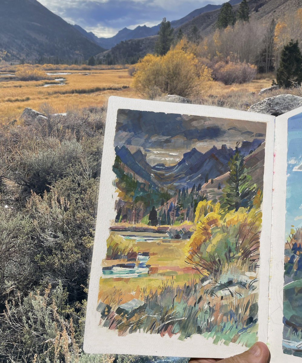 garygeraths's tweet image. Was up in the Eastern Sierra Nevada a couple of months ago and chasing those fall colors and painting up a storm. Part of a 7 week/5000 mile road trip. Gouache in a Etchr sketchbook. Good times.