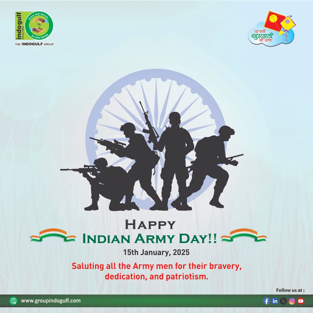 IndogulfCrops's tweet photo. Saluting the Spirit of the Indian Army!

On this Indian Army Day, Indogulf Cropsciences pays tribute to the bravery and dedication of our soldiers who safeguard the nation. 

Jai Hind!
#IndianArmyDay #SalutingOurHeroes #IndogulfCares https://t.co/gLc64uhlEI