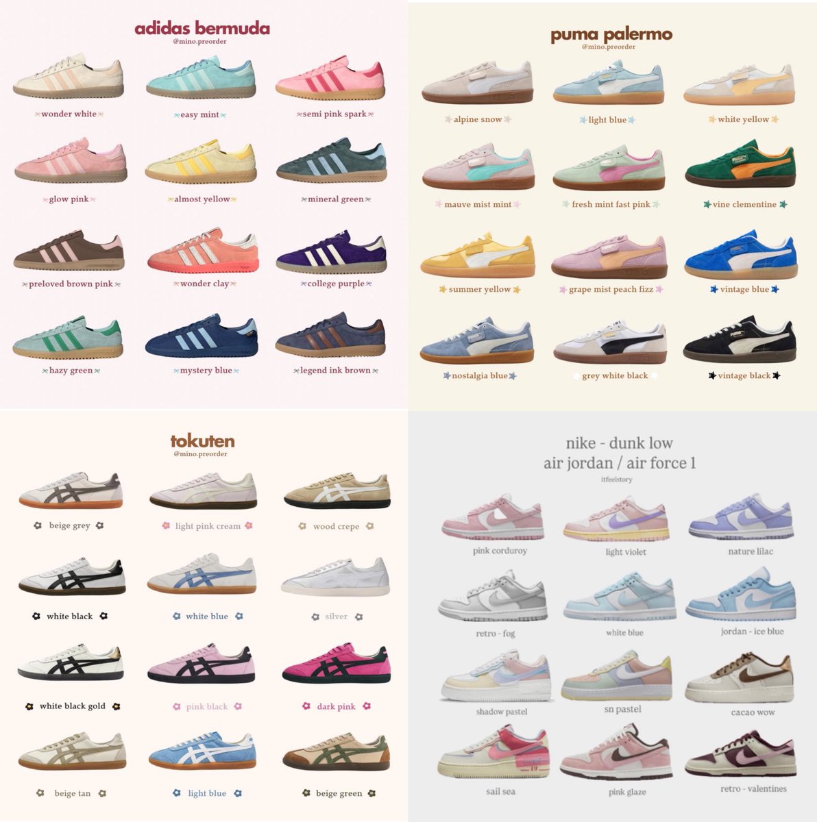 มาแปะชาร์ตสี adidas / nike / puma แต่ละรุ่นให้ว่ามีสีอะไรบ้าง เผื่อใครกำลังมองหา จะได้เล็งถูก รุ่นฮิตในเกาคือตอนนี้เริ่มเข้าไทยละ 4 ร้านนี้ของแท้ 100% ไม่มีในช่อปด้วย ราคาดี⭐️🤙🏻