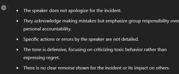 ShillianthYT's tweet photo. @PirateSoftware @anhonestmooser I read through your post and thought yeah ok, he's said his bit time to move on. Then put the post into Chat GTP and while your intention may have been to apologise, you actually didn't. You acknowledge a shared responsibility and defend your actions but there isn't an apology. https://t.co/5kEkxyO74d