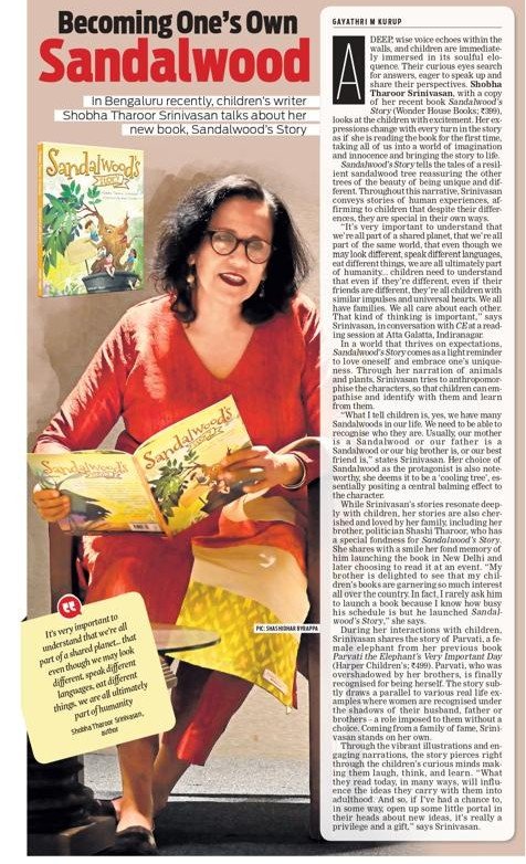 In Bengaluru recently, children’s writer Shobha Tharoor Srinivasan talks about her
new book, Sandalwood’s Story.

✍️ <a href="/Gayathriikurup/">Gayathri</a>