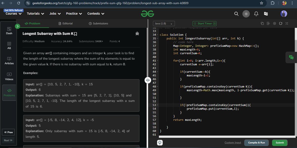 ShubhamBhoite98's tweet photo. Day 62: #gfg160 β
Problem: Longest Subarray with Sum K!
@geeksforgeeks #geekstreak2024 #100DaysOfCode #CodingChallenge #GeeksForGeeks #GeekStreak #ProgrammingLife #CodeWithJava #ProblemSolving https://t.co/okaeNMVb6R