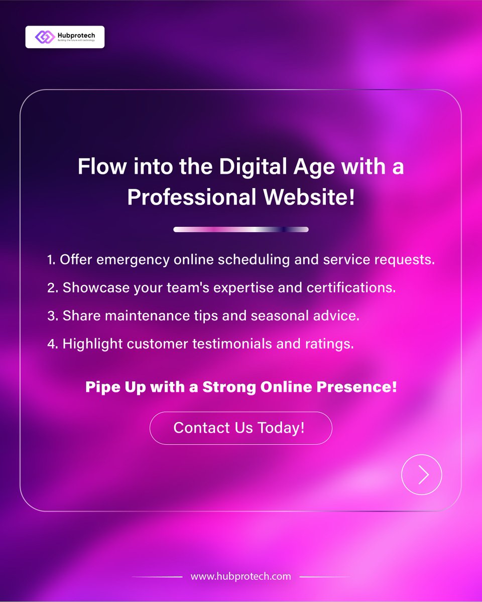 hubprotech's tweet photo. A #Website makes it easier for customers to find and trust your #PlumbingServices. Showcase your work, #BookAppointments, and share #CustomerReviews—all in one place. It's time to take your plumbing business to the next level with #Hubprotech!
.
#LocalPlumber #WebDevelopment #App https://t.co/S2BhOSKfQ9