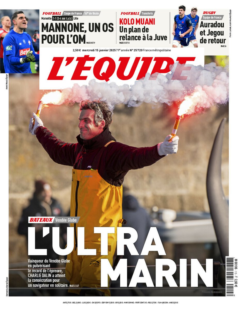 lequipe's tweet image. 🗞️ « L'ultra marin » : la une du journal L'Équipe du mercredi 15 janvier 2025

Pour consulter l'édition : l.lequipe.fr/Dxt