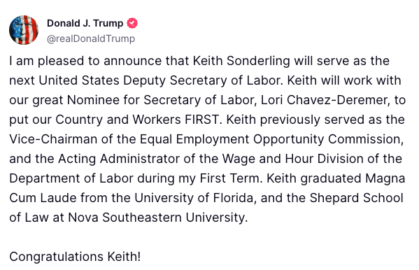 Thank you <a href="/realDonaldTrump/">Donald J. Trump</a> for nominating me as Deputy Secretary of Labor, <a href="/USDOL/">U.S. Department of Labor</a>. I am thrilled for the opportunity to work with <a href="/LChavezDeRemer/">Lori Chavez-DeRemer</a>, on your vision to create opportunities for workers and help restore the American dream for working families.