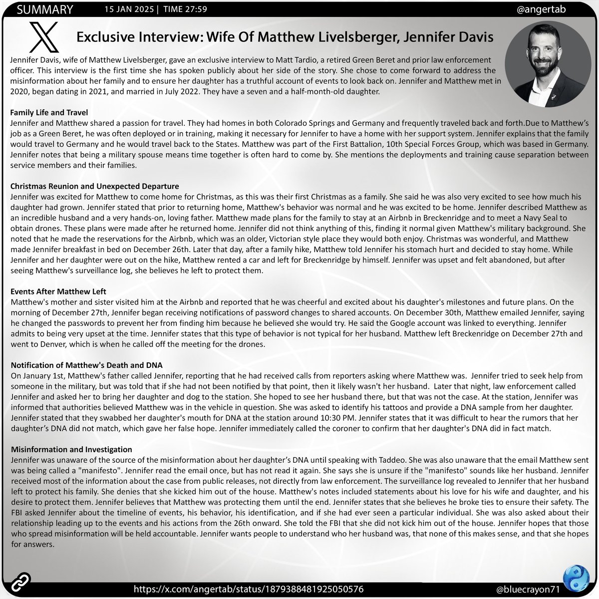 bluecrayon71's tweet photo. Exclusive Interview: Wife Of Matthew Livelsberger, Jennifer Davis @angertab
https://t.co/M2FMELkcdd
#JenniferDavis #MatthewLivelsberger #GreenBeret #ExclusiveInterview #Truth #Family #Love #Tragedy #Misinformation #ProtectingFamily #MilitaryFamily #FirstChristmas https://t.co/YCvIDhrOGG