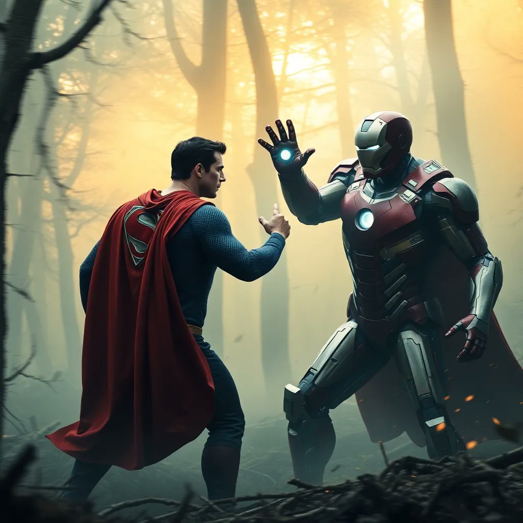 By Kye on 1/15/2025

Prompt: Generate an image of a dramatic and intense battle scene between Superman and Iron Man in a dense , misty forest, with Superman's iconic blue and red suit contrasting against Iron Man's sleek, metallic armor, surrounded by uprooted trees and debris,