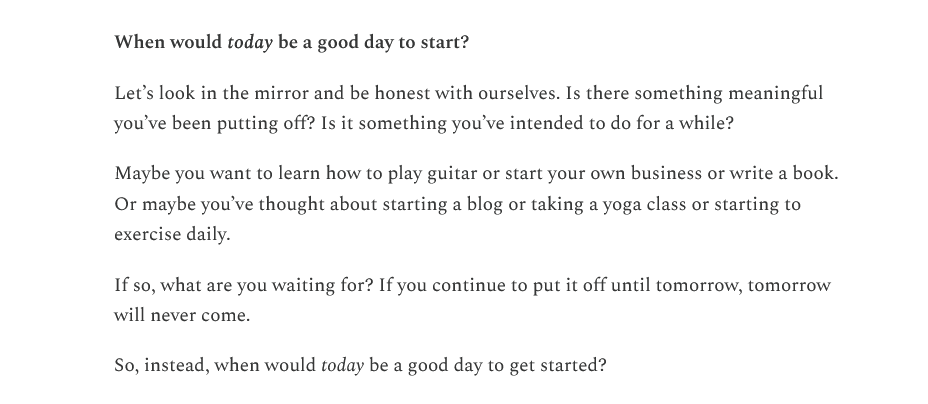 dologme's tweet photo. When would today be a good day to start? 

Words by [theminimalists . com] https://t.co/mI0zyk19Nv