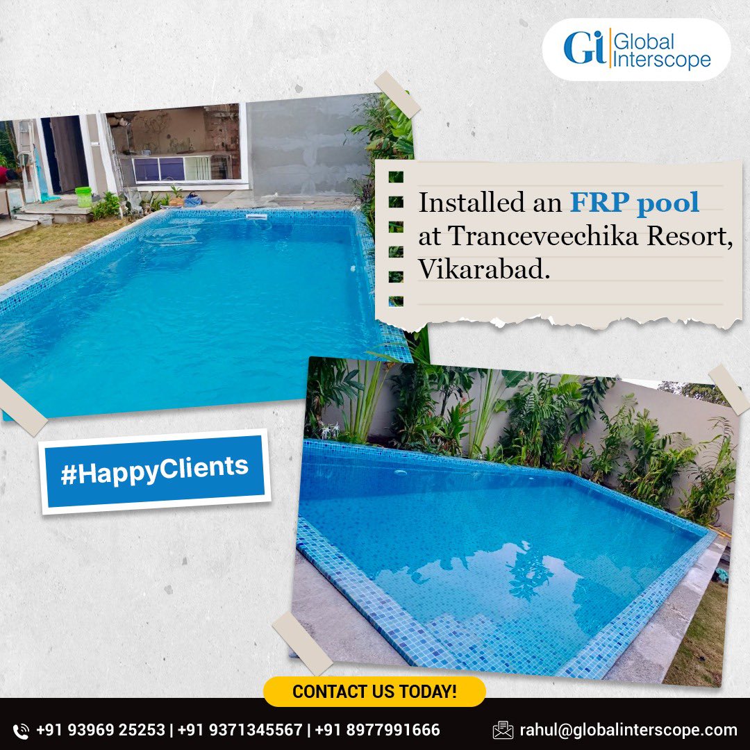 GInterscope's tweet image. Transforming leisure spaces, one pool at a time! 🌊 Global Interscope proudly unveils another stunning FRP pool installation at the serene Trance Veechika Resort, Vikarabad. 🏖️ 
Email us at rahul@globalinterscope.com.

#FRPPools #LuxuryPools #ResortPools #PoolInstallation