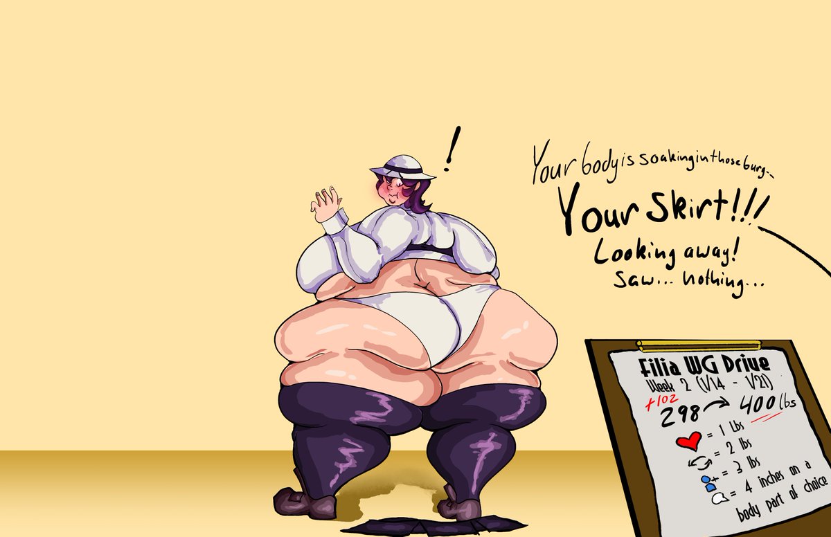 JSPeach7's tweet photo. Week 1 Results: 102 pounds!

Her weight inflates to a solid 400 pounds! Most of the burgers hit her lower area-- and her full moon is out! The poor skirt...and how embarrassing for her as well! The anonymous donor is now delivering milkshakes! Oh no... https://t.co/9KjikMRykH