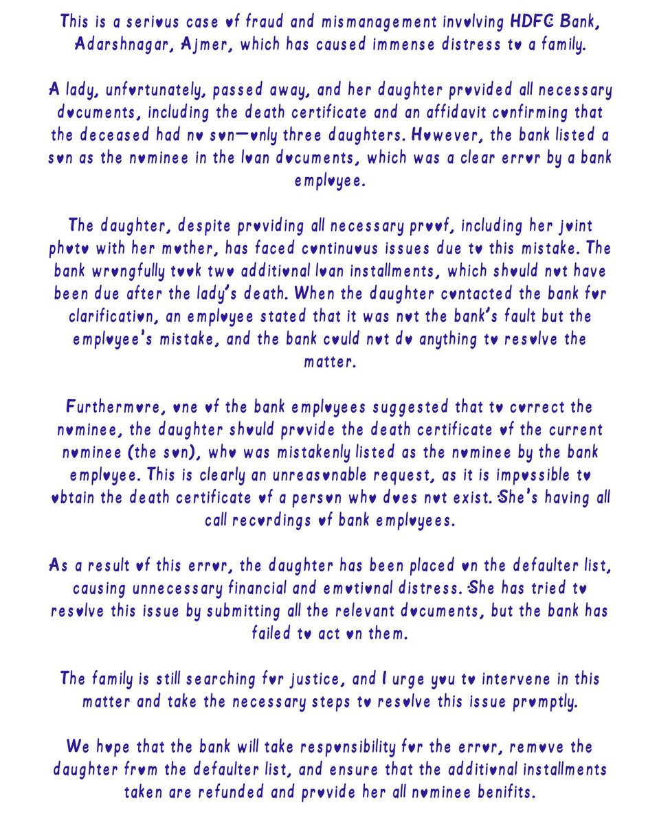 MasaleGeet's tweet photo. We've raised my concern multiple times through all possible channels—HDFC Care link, tweeter messages, and even visited the bank several times with all required documents and affidavits. Yet, we being harrassed! 
LAN No. LOS-JLGDL-00084-3409124
@HDFCBank_Cares @HDFC_Bank @RBI https://t.co/Ds9HOiqbxS