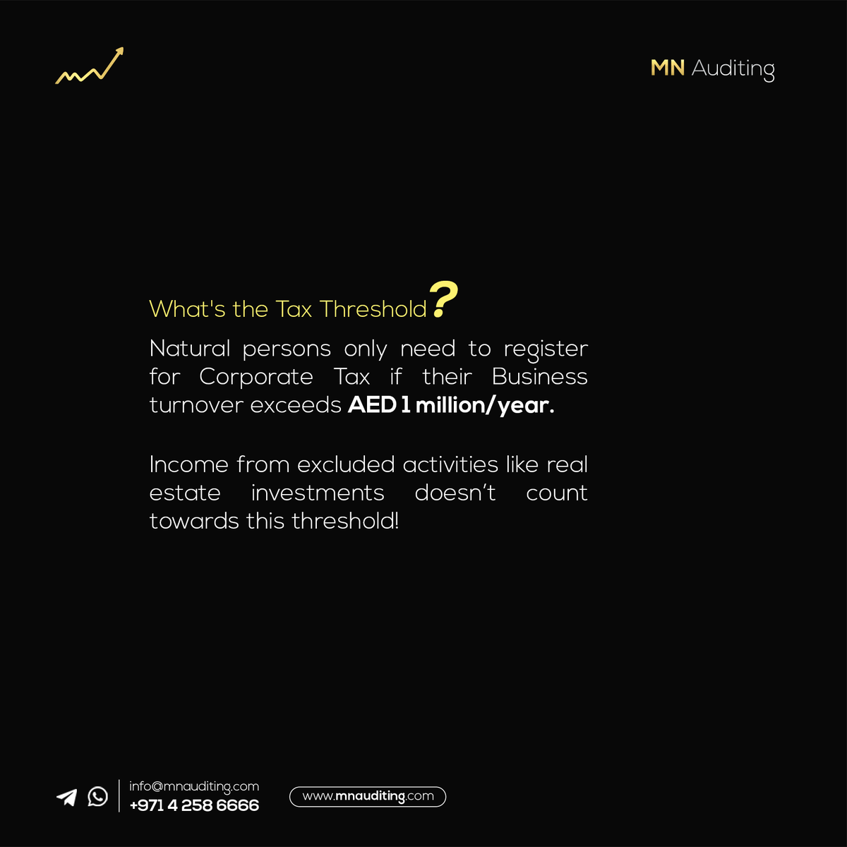 MNAuditing's tweet photo. Turnover Threshold for Tax
.
.
Visit Our Website ⬇️
https://t.co/N7sUp6DwXX

contact us
📞 +971 4 258 6666
📧 info@mnauditing.com
#uaebusiness #CorporateTax #uaetax #mnauditing #taxuae #BreakEvenPoint #contributionmargin #VATTips #dubai #uae #vat #vatfilingindubai #corporate_tax https://t.co/sItHs0vfCs