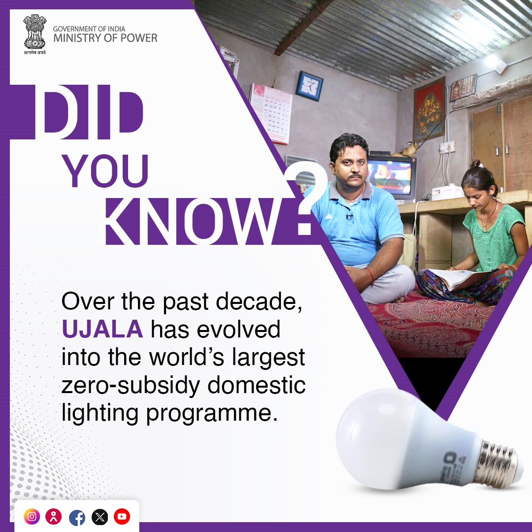 MinOfPower's tweet photo. Over the past decade, UJALA has evolved into the world’s largest zero-subsidy domestic lighting programme, exemplifying India's commitment to reducing energy consumption, enhancing environmental awareness, and fostering economic efficiency.
#10YearsofUjala https://t.co/iEoAYjzBgF