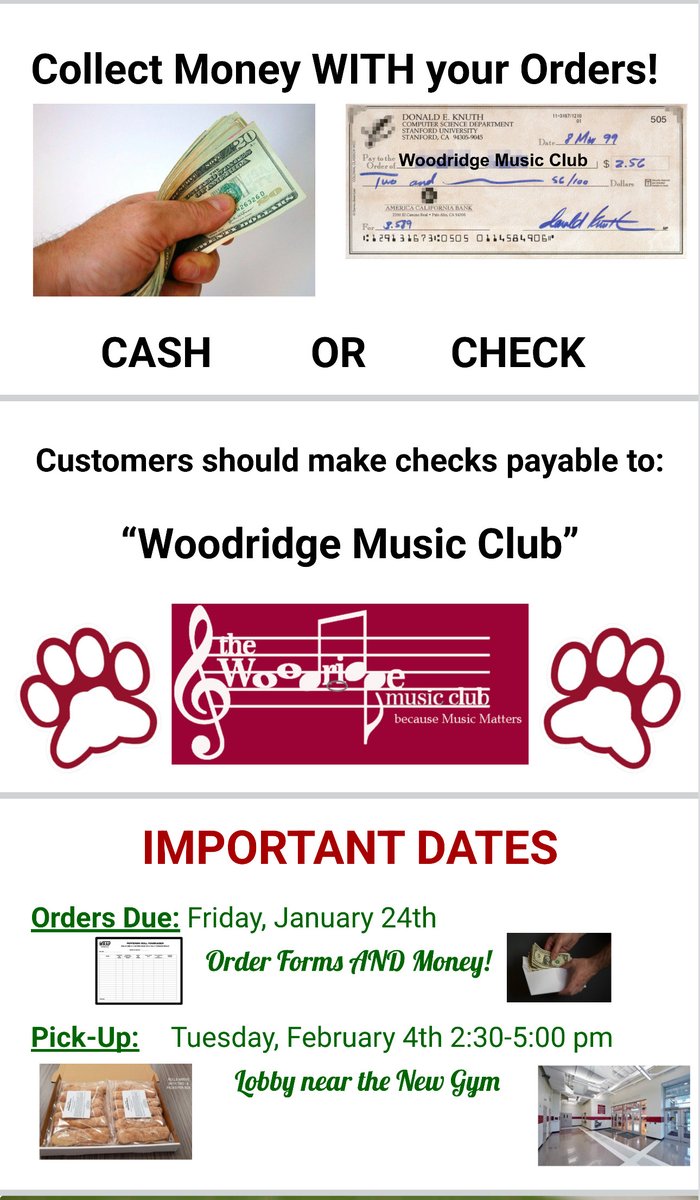 Music students in grades 6-12 will be selling Pepperoni Rolls now through Jan 24. Money and orders are due to directors on that Friday. Order pickup is Feb 4 between 2:30 - 5 p.m. in the lobby by the new gym at the high school.