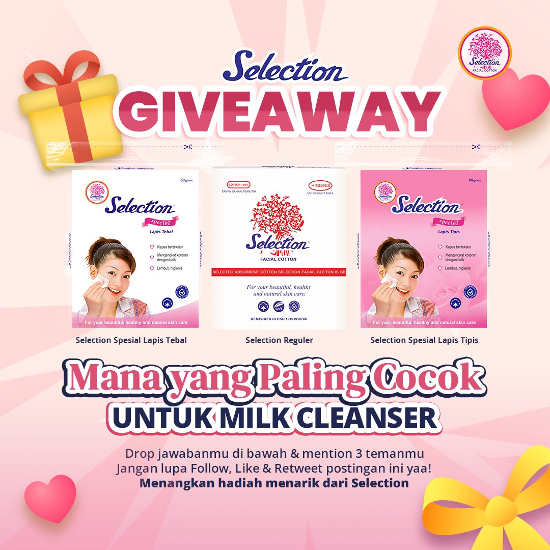 selectioncotton's tweet photo. ✨ GIVEAWAY SELECTION ✨

“Mana yang Paling Cocok untuk Milk Cleanser?”

Drop jawabanmu di bawah &amp; Mention 3 temanmu. Menangkan hadiah menarik dari Selection. Jangan lupa Follow, Like &amp; Retweet postingan ini yaa, Girls! 💗

#GiveawaySelection #GiveawayIndonesia https://t.co/pW1ybWB9XH