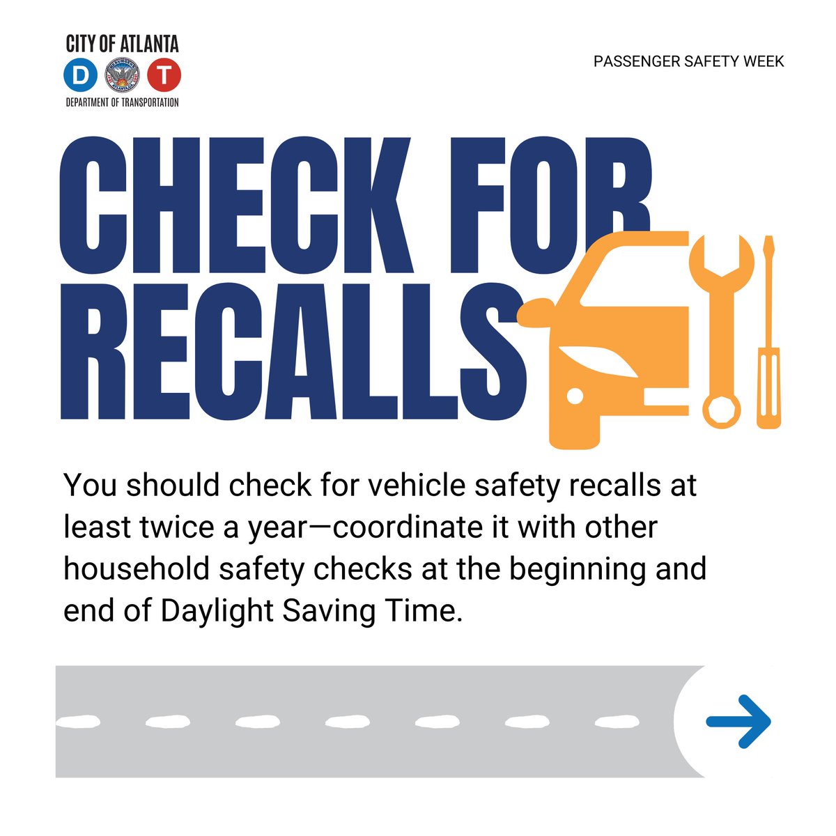 ATLDOT's tweet photo. It's #PassengerSafetyWeek! Stay safe on the road by checking your vehicle for recalls. Visit https://t.co/UKIHoPohfo to ensure your ride is recall-free. Safety starts with awareness! #SafeStreetsATL #ATLDOT https://t.co/zSHqxlJxy1