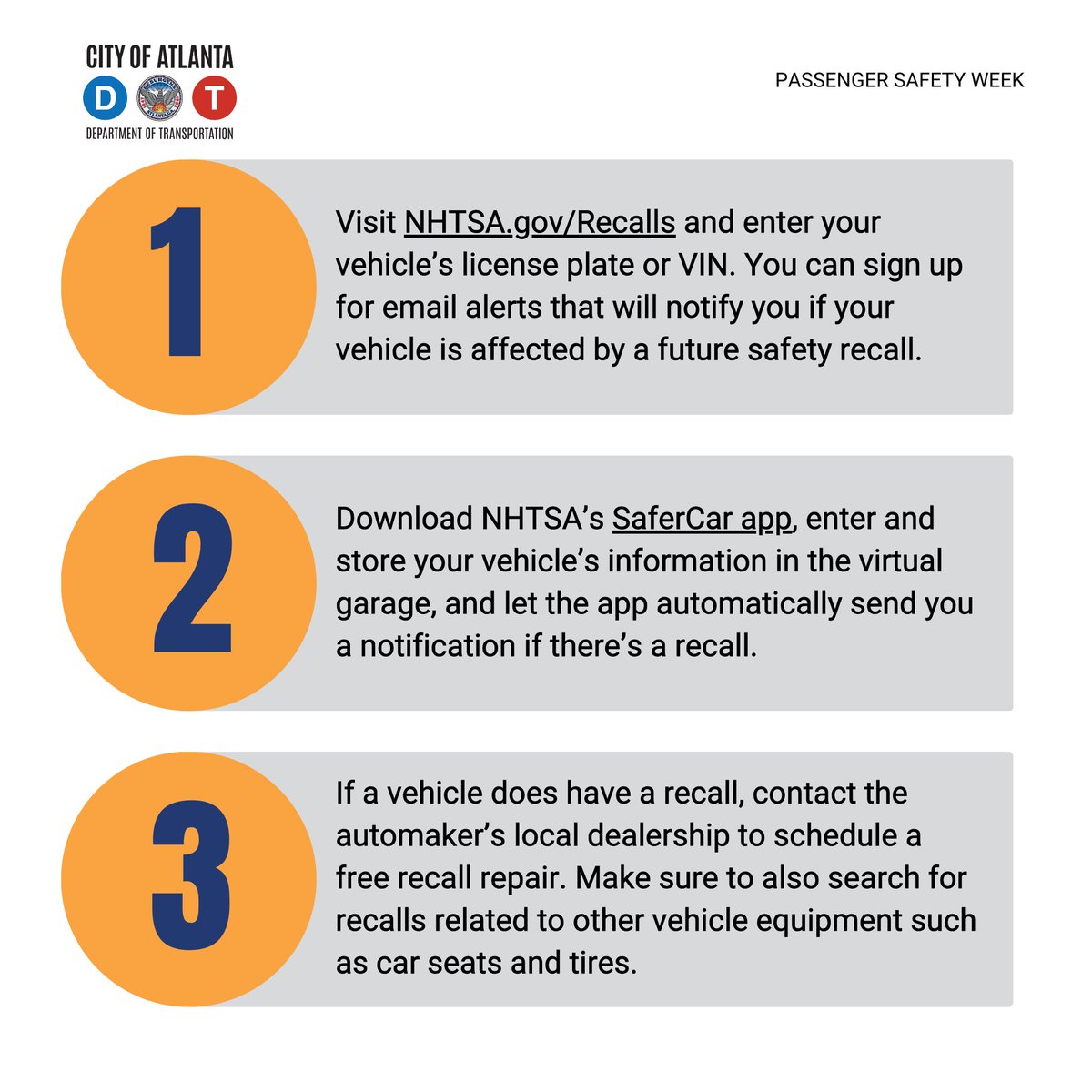 ATLDOT's tweet photo. It's #PassengerSafetyWeek! Stay safe on the road by checking your vehicle for recalls. Visit https://t.co/UKIHoPohfo to ensure your ride is recall-free. Safety starts with awareness! #SafeStreetsATL #ATLDOT https://t.co/zSHqxlJxy1