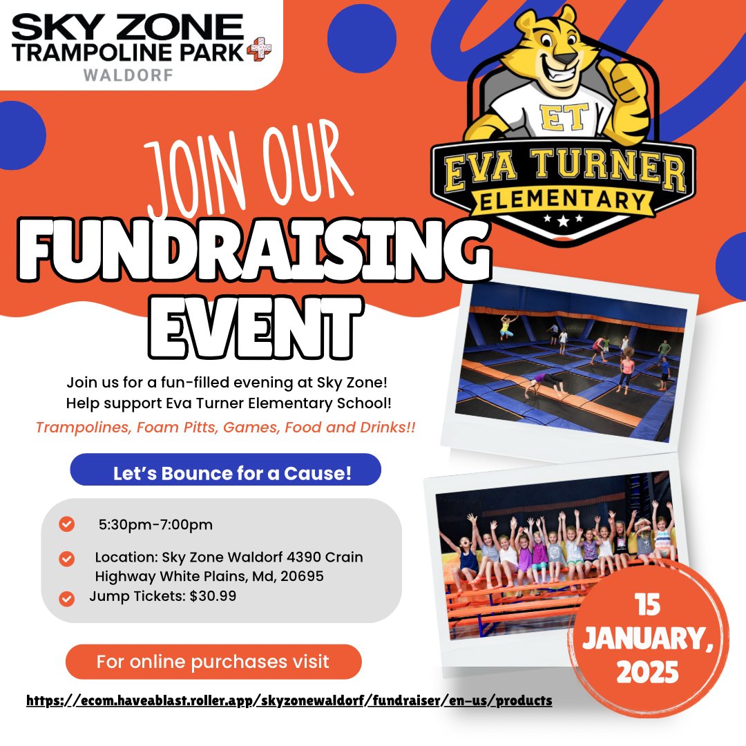 eva_pto's tweet photo. Join us tomorrow at our local Sky Zone at 5:30pm. Please arrive on time to get the full 90 minute jump session! 

You can also buy pre-sale tickets here: 
https://t.co/dAnt0kHw4A

Hope to see you there! ☺️ https://t.co/Xo6Sn4DjP6