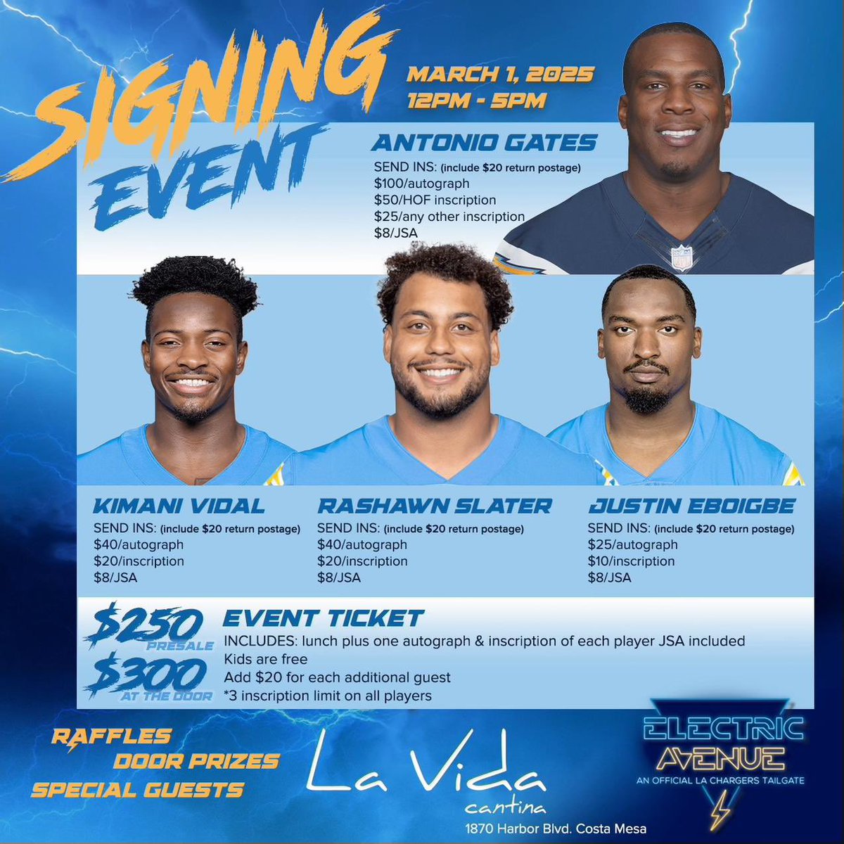EA_Tailgate's tweet photo. Big news for Electric Avenue! 

Singing event @LaVidaCantina March 1st 

Antonio Gates 
Rashawn Slater
Kimani Vidal
Justin Eboigbe

Details in second flyer! Remember with Antonio going into the hall, memorabilia will sky rocket! #Boltup #Chargers #ElectricAvenue #signingevent https://t.co/bVLmcWFMkq
