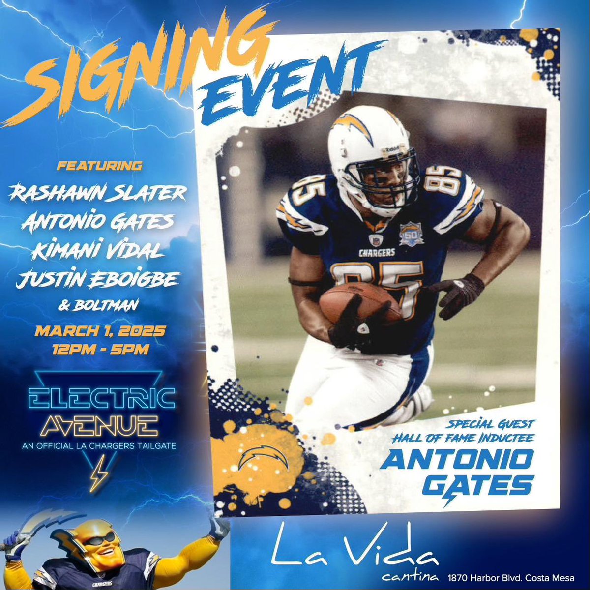 EA_Tailgate's tweet photo. Big news for Electric Avenue! 

Singing event @LaVidaCantina March 1st 

Antonio Gates 
Rashawn Slater
Kimani Vidal
Justin Eboigbe

Details in second flyer! Remember with Antonio going into the hall, memorabilia will sky rocket! #Boltup #Chargers #ElectricAvenue #signingevent https://t.co/bVLmcWFMkq