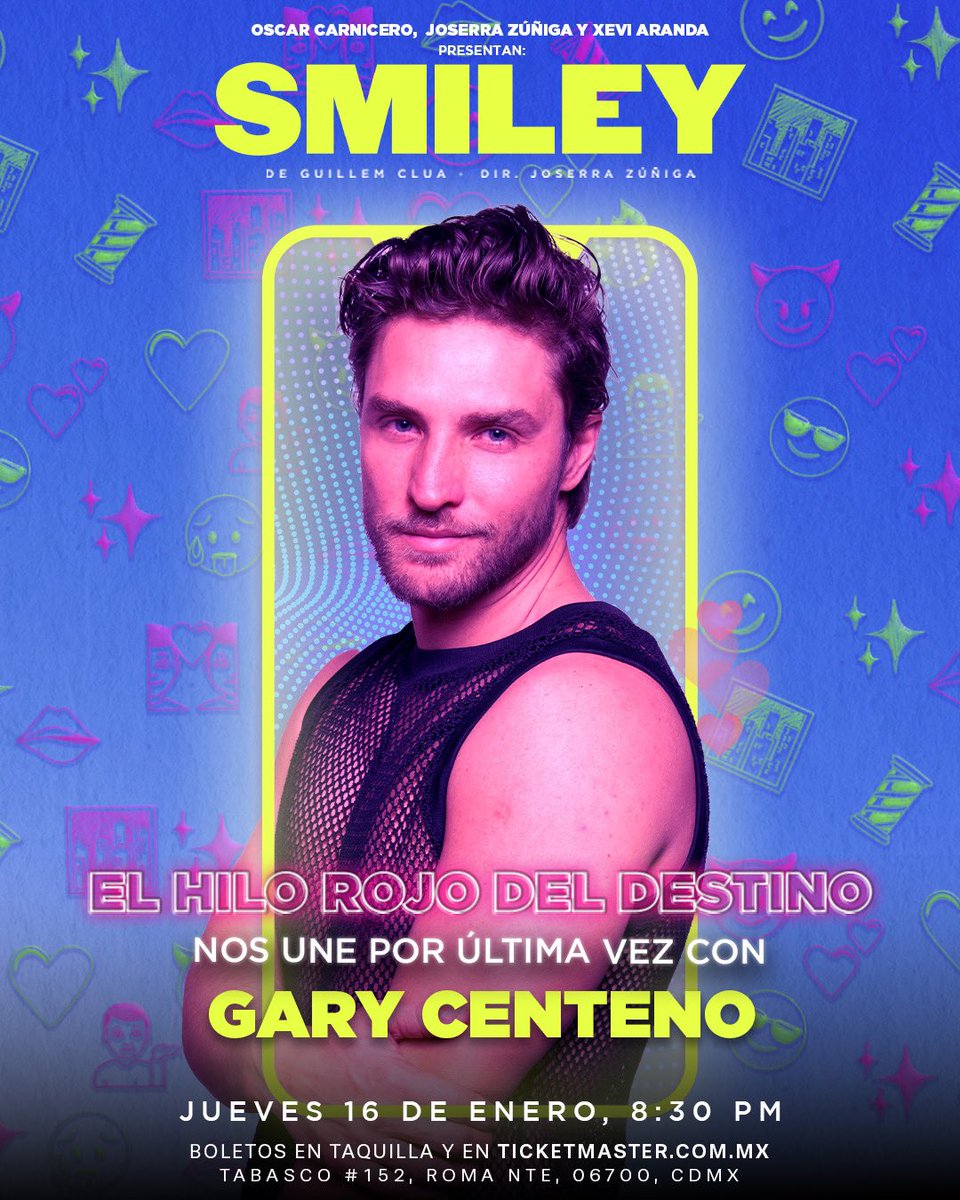 Esta semana nos despedimos de <a href="/GaryCenteno25/">Gary</a> en #SMILEY  

Una comedia romántica en donde lo único que tienen en común nuestros protagonista es que se han enamorado ✨ 🫣

¡Compra tus boletos!
🗓️Jueves 16 de enero, 8:30 pm 
🎟️Boletos en taquilla o en  bit.ly/Smiley_LT
