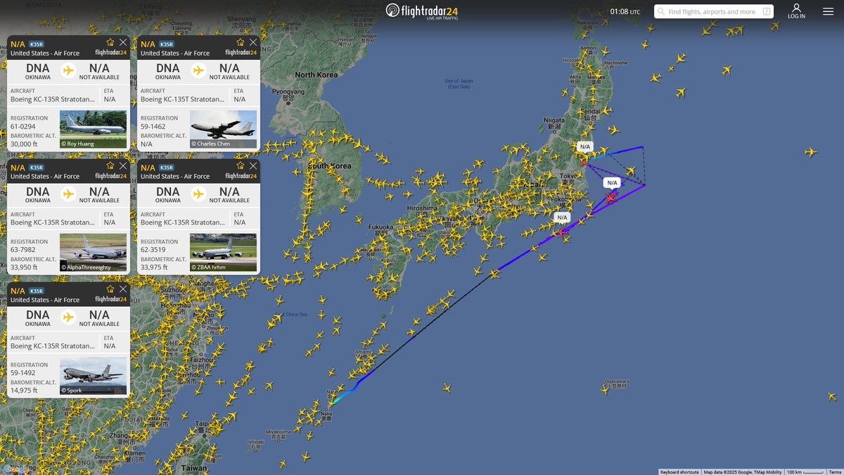 AIYeyENGDdJkjTr's tweet photo. Jan. 15, 2025
#Okinawa Kadena Air Base ==> #East sea of Japan

#NoCALLSIGN #AE059F USAF KC-135R 
#NoCALLSIGN #AE047E USAF KC-135R 
#NoCALLSIGN #AE038E USAF KC-135R 
#NoCALLSIGN #AE0658 USAF KC-135T 
#NoCALLSIGN #AE07B6 USAF KC-135R Stratotanker https://t.co/FRsklOZNn8