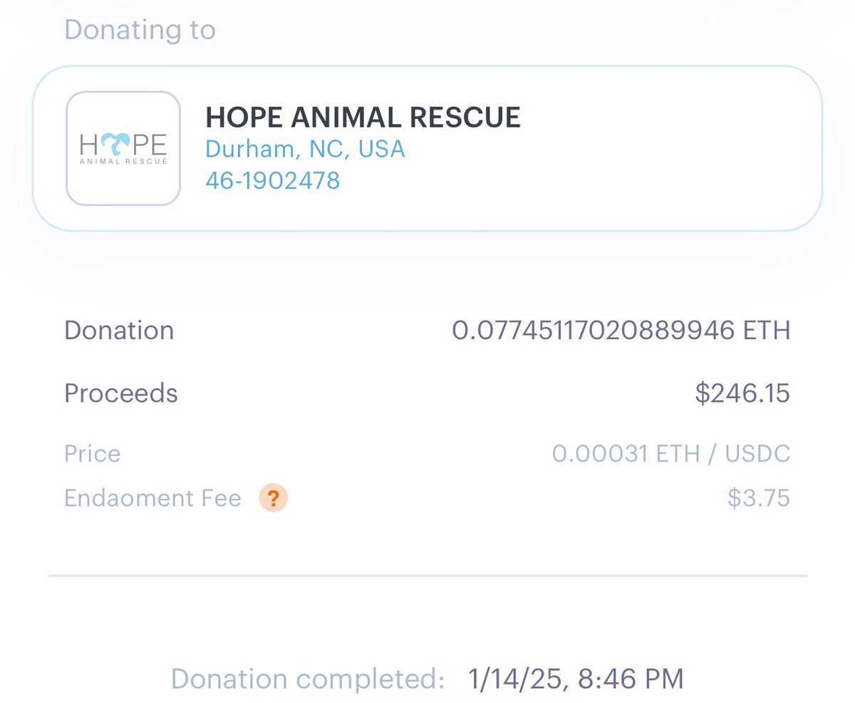 Ski_CTO's tweet image. the gang just donated to animal rescues fully onchain using @endaomentdotorg
