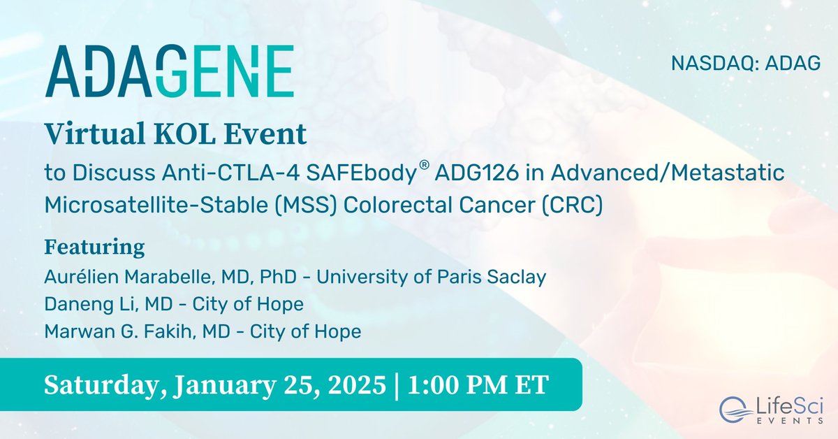 AdageneGlobal's tweet image. Join us for a virtual KOL event on Sat, Jan. 25 at 1pm ET with Aurélien Marabelle, MD, PhD, Daneng Li, MD, and Marwan G. Fakih, MD, to discuss the current treatment landscape for patients with advanced/metastatic MSS CRC. Register: bit.ly/4jgjUUs