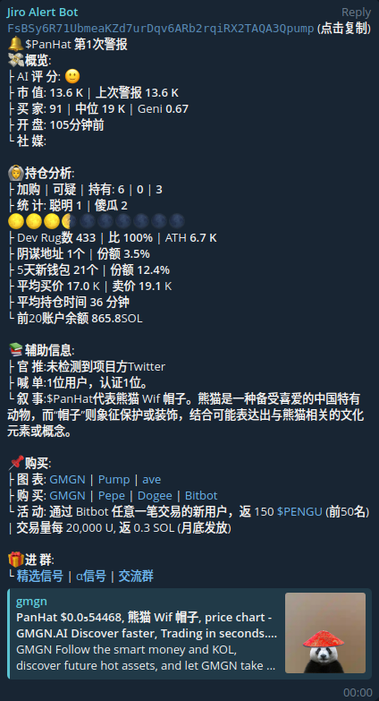 JiroWaze's tweet photo. $PanHat #PanHat MC 13.6K -> 400K
FsBSy6R71UbmeaKZd7urDqv6ARb2rqiRX2TAQA3Qpump
$PanHat 13.6K开始警报,内盘警报了5次,精准捕捉!这波直接内盘最高吃到 25倍,平均都能拿5倍以上利润。这就是提前埋伏和精准警报的好处,抓住起飞点,吃肉稳稳的!
熊猫元素+搞笑的“戴帽子”概念,迎合了meme圈的低门槛流量入口,特别对喜欢“亚洲元素”的投资者有吸引力。
Panda Wif Hat,简单直接的记忆点,这种meme语言,币圈玩家一眼就懂。
项目启动时,内盘资金流入快,FOMO情绪强烈,交易量瞬间拉爆。这种新币的前期靠的就是买盘接力。强势短期收益,小市值+高流动性让这种meme币极容易拉盘。
但是叙事薄弱,缺乏持续性,熊猫戴帽子的概念太浅,不像$PEPE这种有文化符号支撑,情绪一旦冷却,很难维持高市值,目前高风险阶段
从25倍高点回调明显,短期内可能已经耗尽了资金拉升能力。可以观望下有没有二段,但现在这个币情绪冷却,叙事也已经跑完,基本到了尾声。
提前跟警报、提前埋伏,才是真正的盈利之道! 下一个警报,别再错过了! 🚀